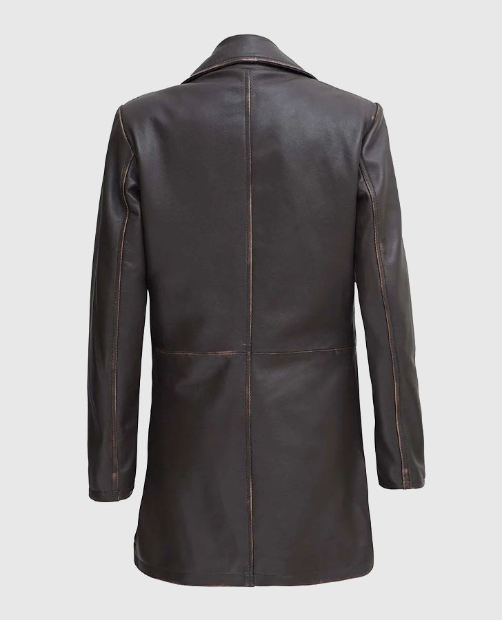 Women's Distressed Dark Brown Leather Coat – Premium Outerwear - back view