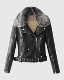 Women's Faux Fur Quilted Moto Black Leather Jacket
