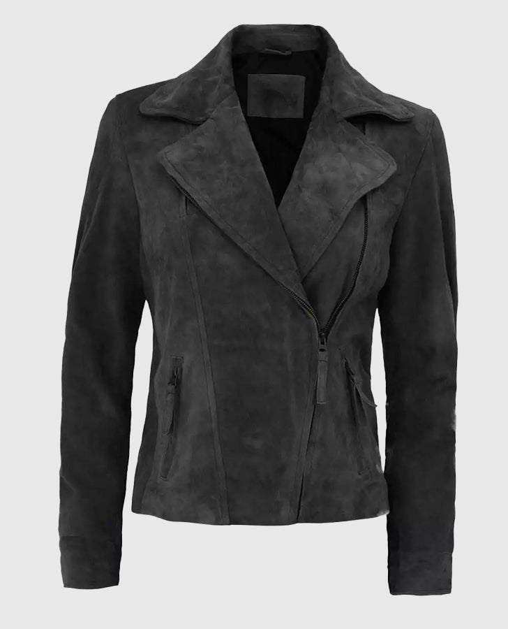 Women's Grey Suede Leather Moto Jacket – Custom Fit - front view
