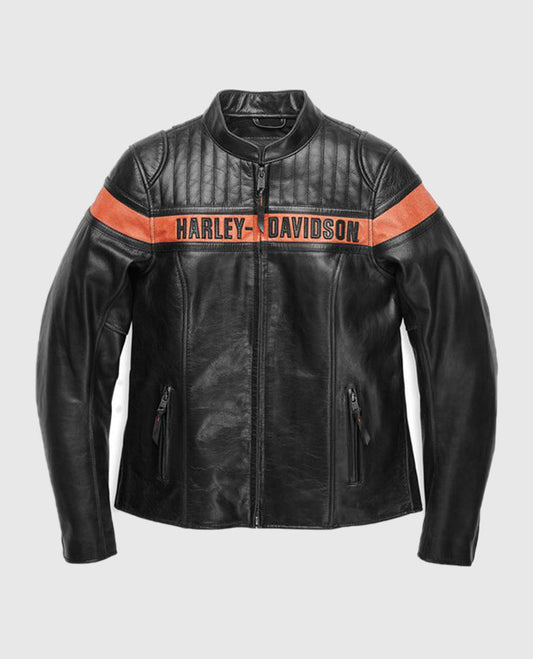 Women's Harley Davidson Victory Sweep Leather Riding Black Jacket - front view
