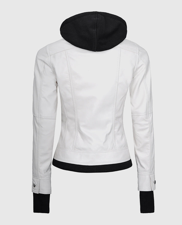 Women's White Bomber Leather Jacket with Hood – Custom Fit - back view
