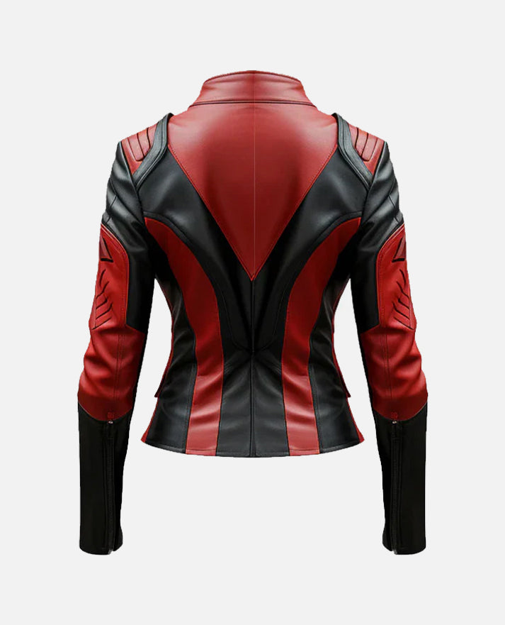 Italian Women's Vegan Red & Black Leather Jacket | Genuine Leather - back view