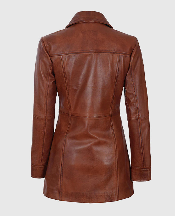 Women's Cognac Brown Leather Coat – Premium Outerwear - back view