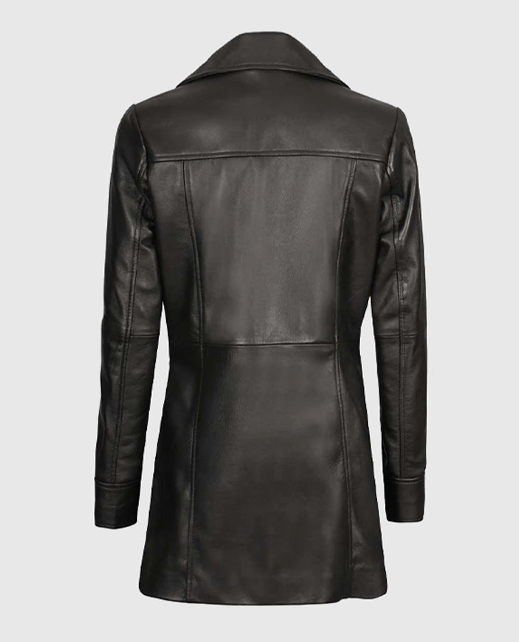 Women's Black Leather Long Coat – Custom Fit | Genuine Leather - back view