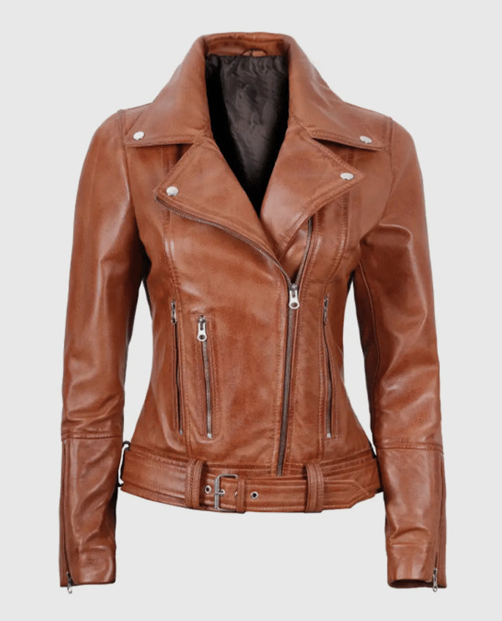 Women's Light Brown Asymmetrical Leather Biker Jacket - Belted - front view
