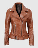 Women's Light Brown Asymmetrical Leather Biker Jacket - Belted - front view