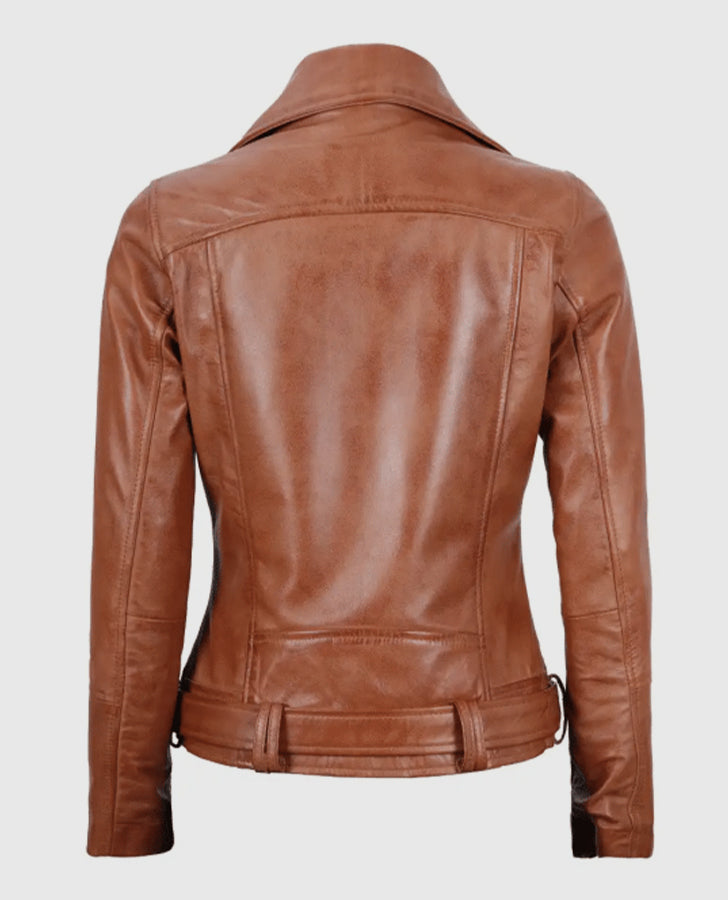 Women's Light Brown Asymmetrical Leather Biker Jacket - Belted - back view