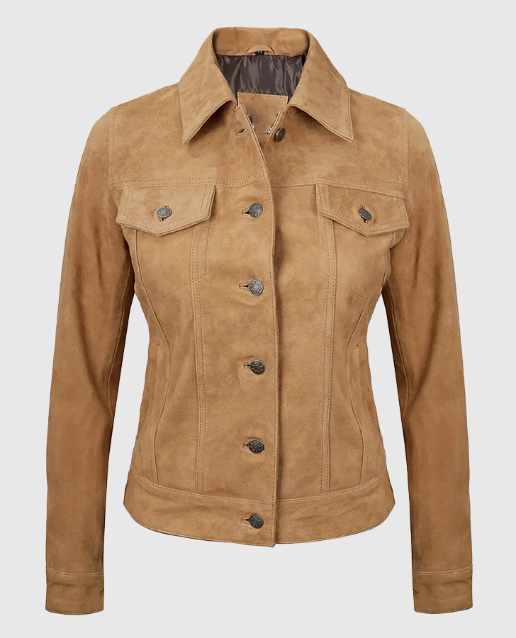 Women's Light Brown Suede Leather Trucker Jacket | Genuine Leather - front view