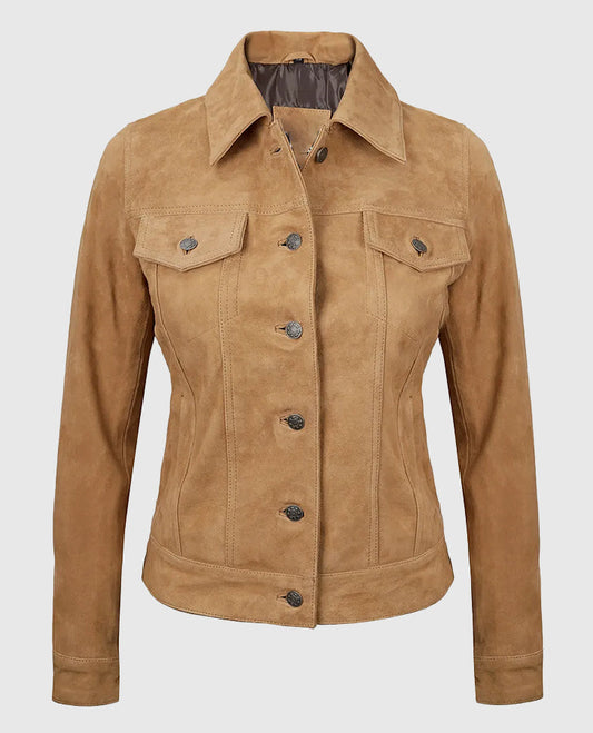 Women's Light Brown Suede Leather Trucker Jacket | Genuine Leather - front view