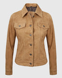 Women's Light Brown Suede Leather Trucker Jacket | Genuine Leather - front view
