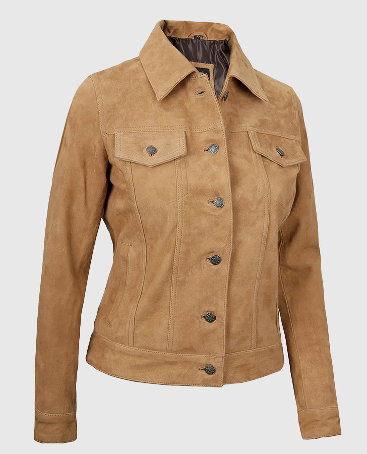 Women's Light Brown Suede Leather Trucker Jacket | Genuine Leather - back view