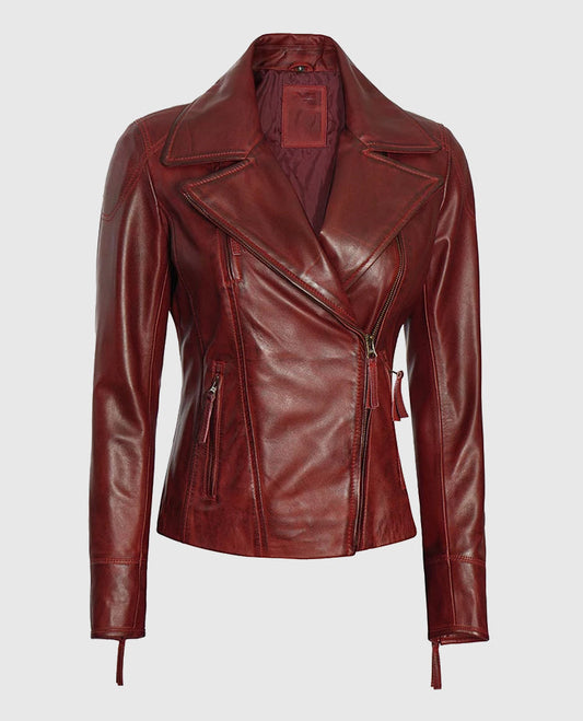 Women's Maroon Asymmetrical Biker Leather Jacket – Premium Outerwear - front view