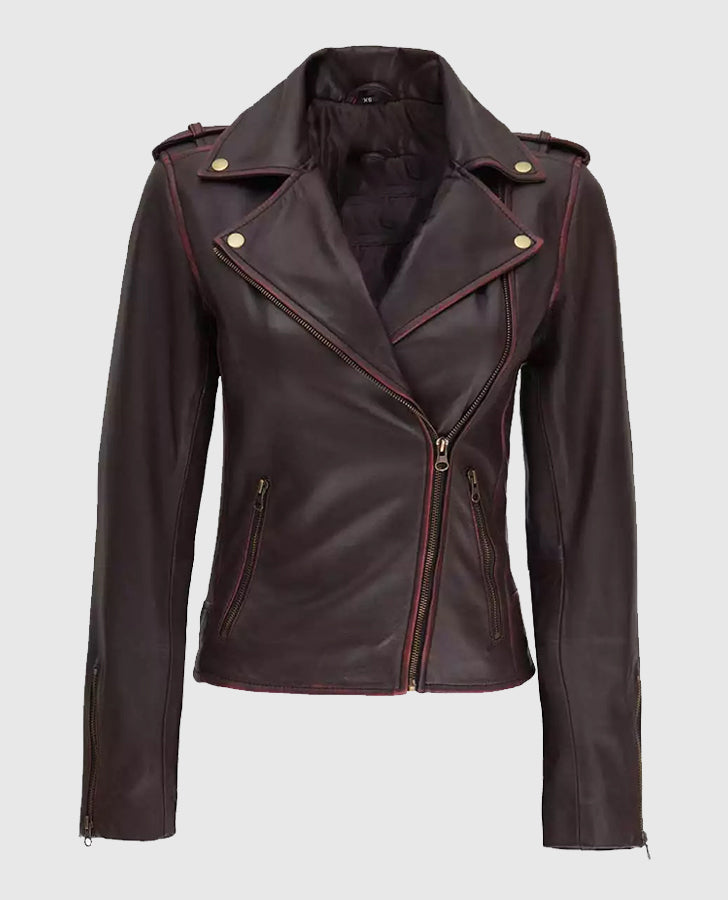 Women's Maroon Asymmetrical Leather Motorcycle Jacket - front view