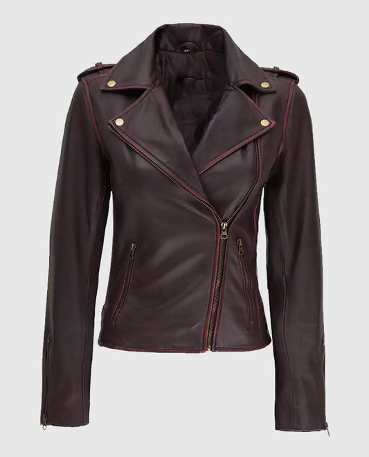 Women's Maroon Asymmetrical Leather Motorcycle Jacket - front view