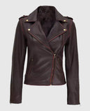 Women's Maroon Asymmetrical Leather Motorcycle Jacket - front view