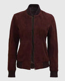 Women's Maroon Suede Leather Bomber Jacket – Premium Outerwear - front view