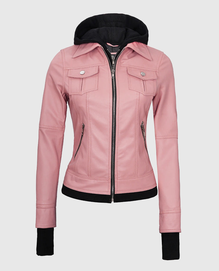 Women's Pink Bomber Leather Jacket with Hood – Premium Outerwear - front view