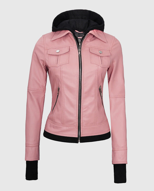 Women's Pink Bomber Leather Jacket with Hood – Premium Outerwear - front view