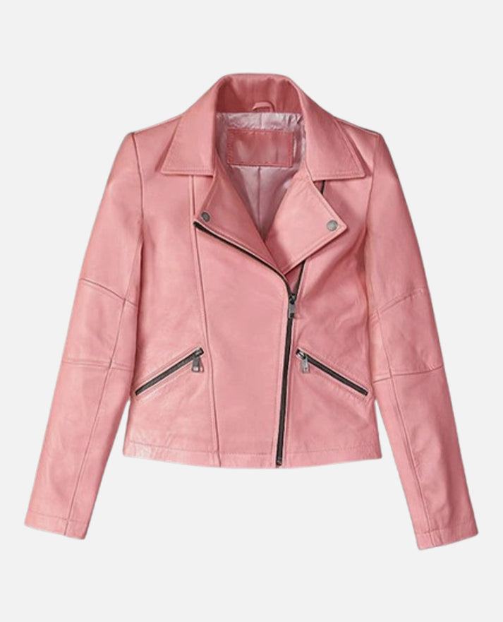 Women's Pink Leather Biker Jacket – Premium Outerwear - front view