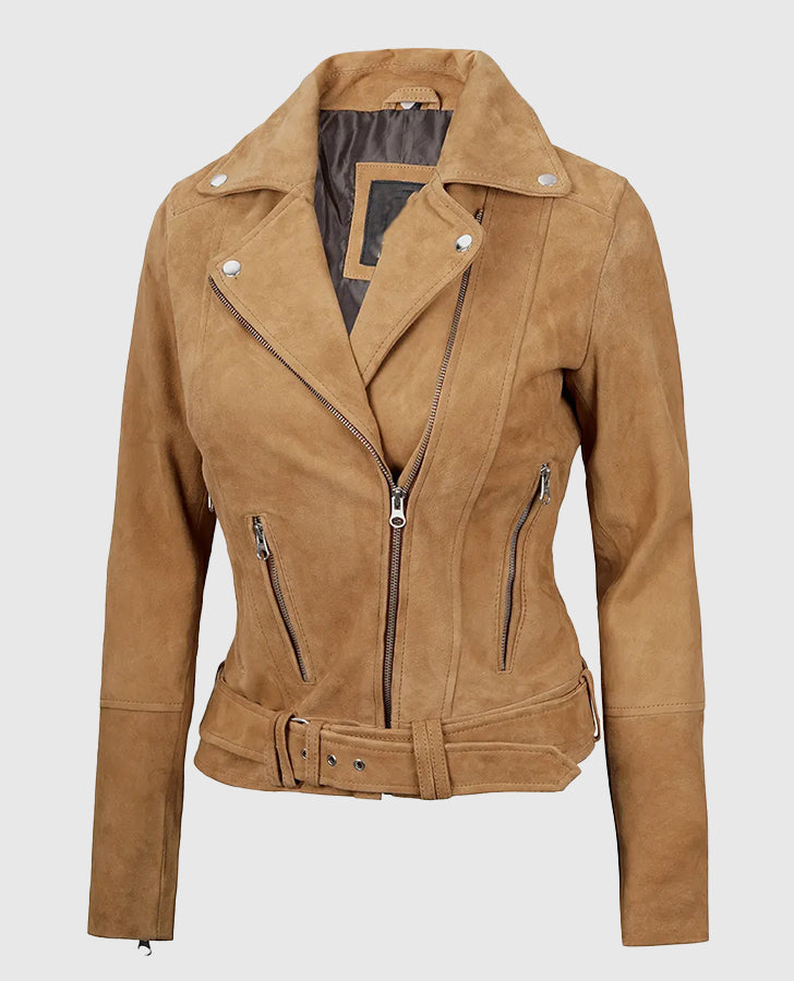 Women's Premium Brown Suede Biker Leather Jacket – Premium Outerwear - front view