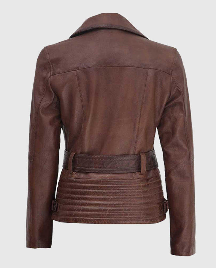 Women's Asymmetrical Quilted Brown Biker Leather Jacket - back view
