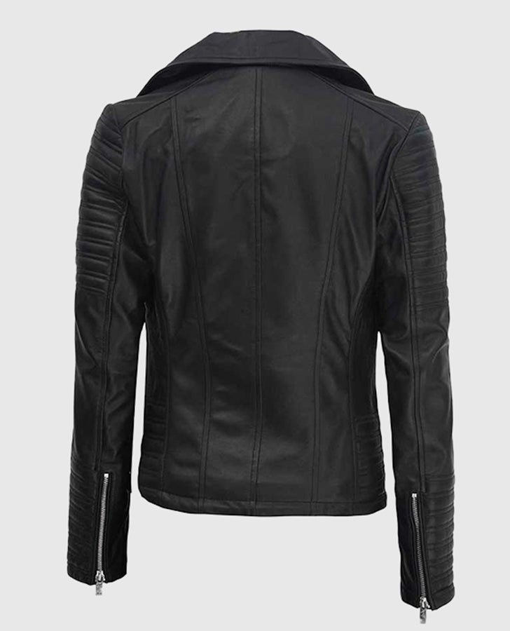 Women's Asymmetrical Quilted Black Biker Leather Jacket - back view