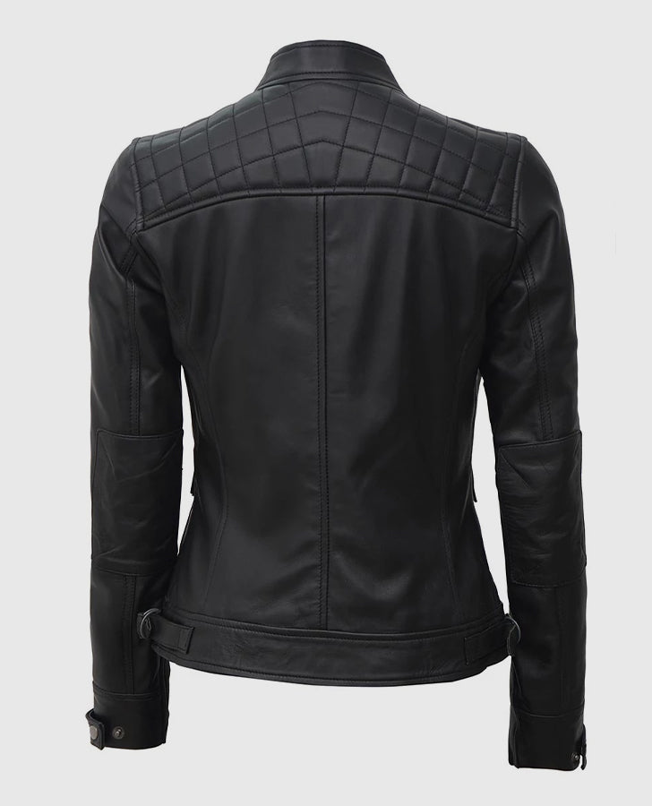 Women's Black Quilted Cafe Racer Leather Jacket – Custom Fit - back view