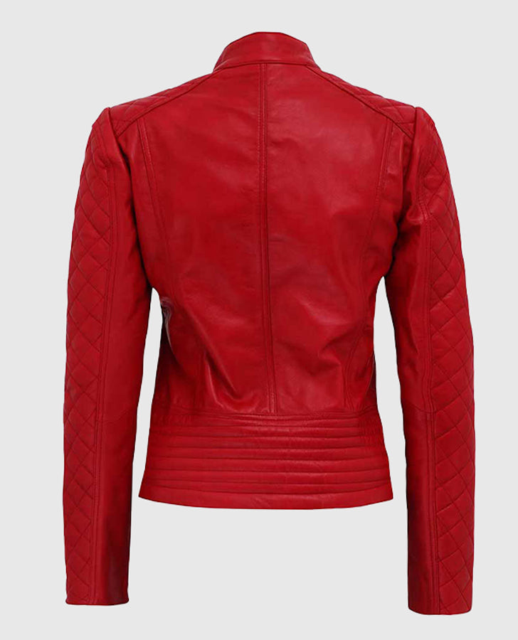 Women's Red Quilted Biker Leather Jacket | Genuine Leather - back view