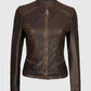 Women's Rachel Dark Brown Rub-off Cafe Racer Leather Jacket - front view