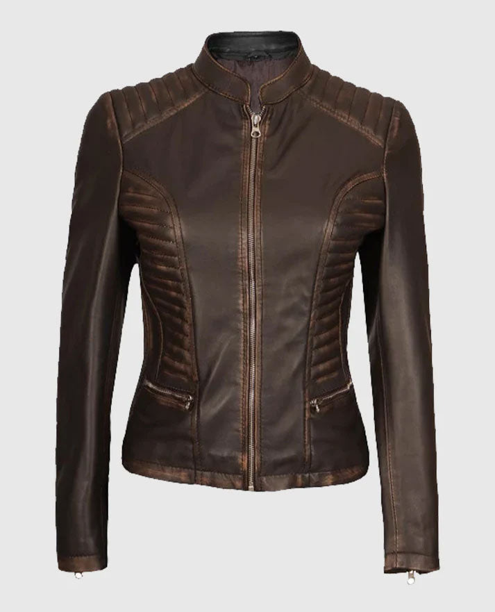 Women's Rachel Dark Brown Rub-off Cafe Racer Leather Jacket - front view