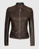 Women's Rachel Dark Brown Rub-off Cafe Racer Leather Jacket - front view