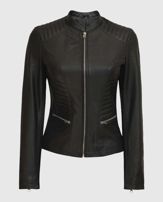Women's Rachel Petite Black Cafe Racer Leather Jacket - front view