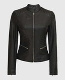 Women's Rachel Petite Black Cafe Racer Leather Jacket - front view