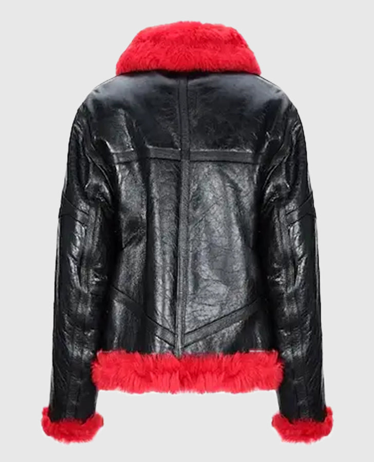 Women Red Faux Fur Aviator Leather Jacket for Women - back view