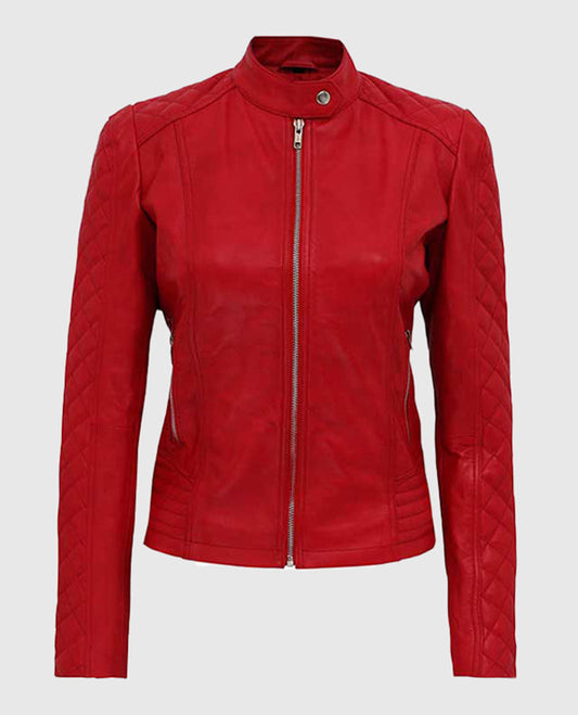 Women's Red Quilted Biker Leather Jacket | Genuine Leather - front view