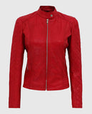 Women's Red Quilted Biker Leather Jacket | Genuine Leather - front view