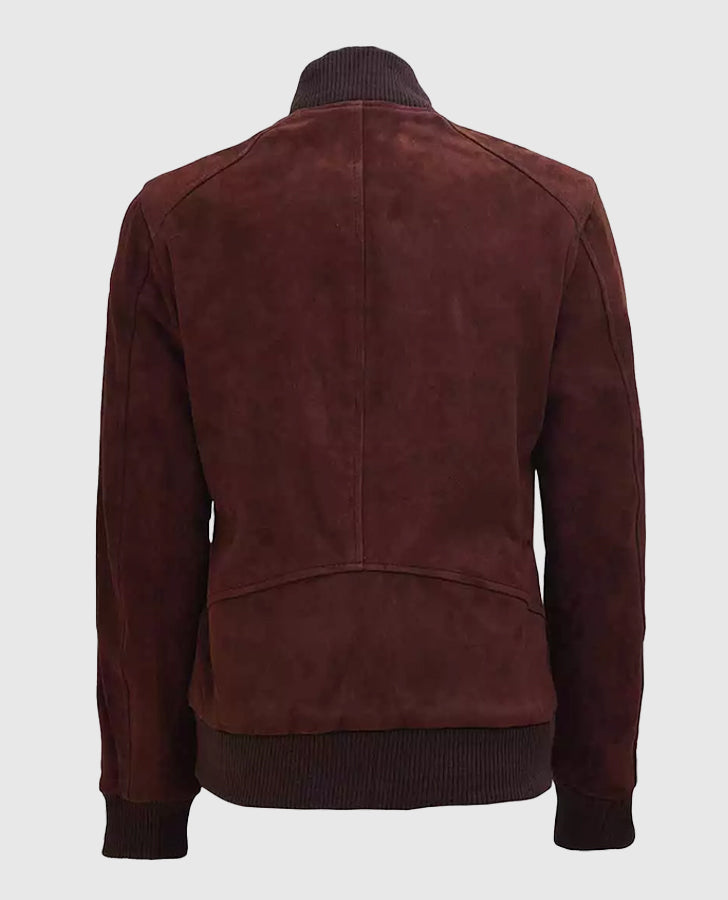 Women's Maroon Suede Leather Bomber Jacket – Premium Outerwear - back view