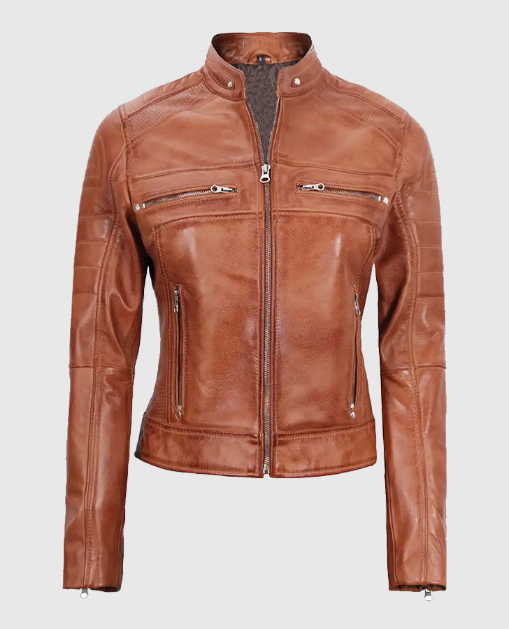Women's Tan Cafe Racer Leather Jacket – Premium Outerwear - front view