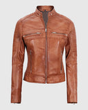 Women's Tan Cafe Racer Leather Jacket – Premium Outerwear - front view