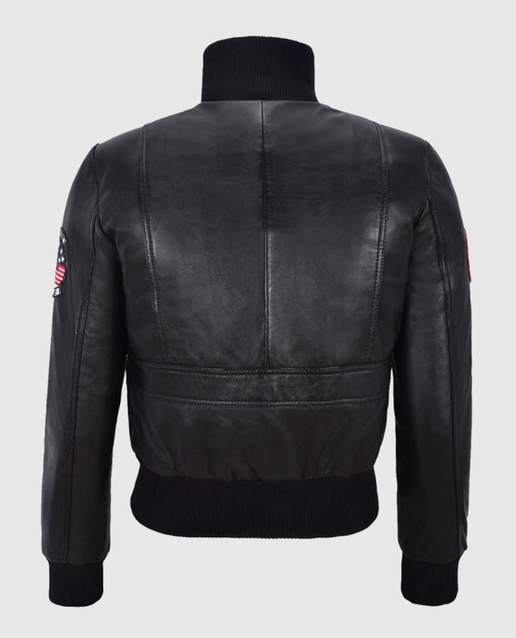 Women's Top Gun Black Bomber Leather Jacket with Badges - back view