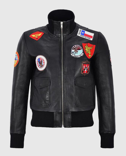 Women's Top Gun Black Bomber Leather Jacket with Badges - front view