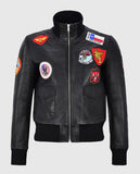 Women's Top Gun Black Bomber Leather Jacket with Badges - front view