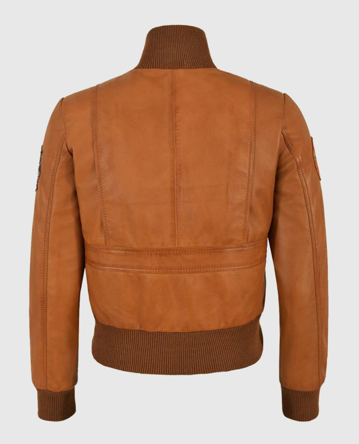 Women's Top Gun Brown Bomber Leather Jacket with Badges - back view