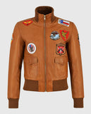 Women's Top Gun Brown Bomber Leather Jacket with Badges - front view