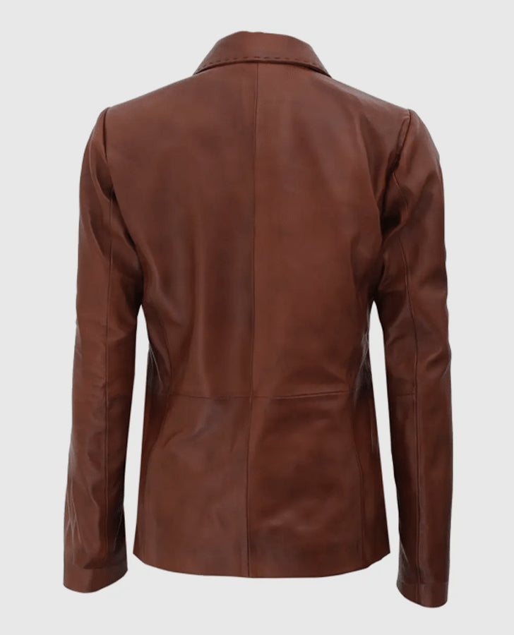 Women's Brown Two Button Leather Blazer Jacket – Premium Outerwear - back view