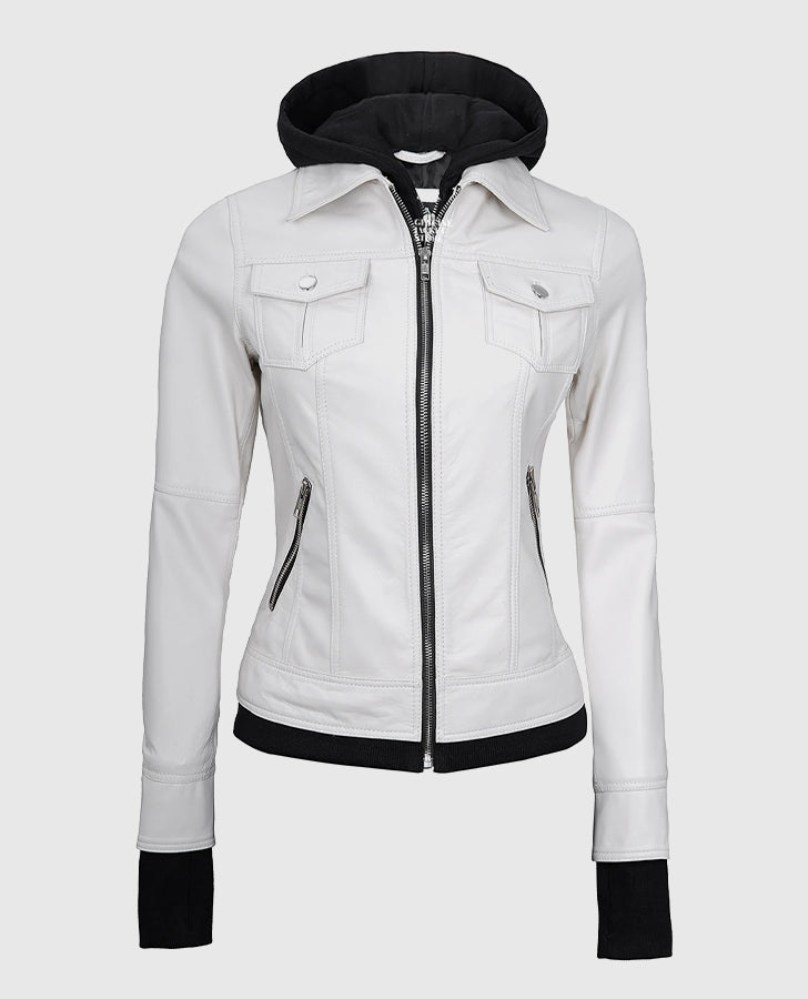 Women's White Bomber Leather Jacket with Hood – Custom Fit - front view