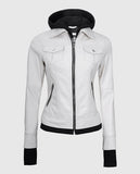 Women's White Bomber Leather Jacket with Hood – Custom Fit - front view