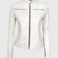 Women's White Leather Cafe Racer Jacket – Premium Outerwear - front view