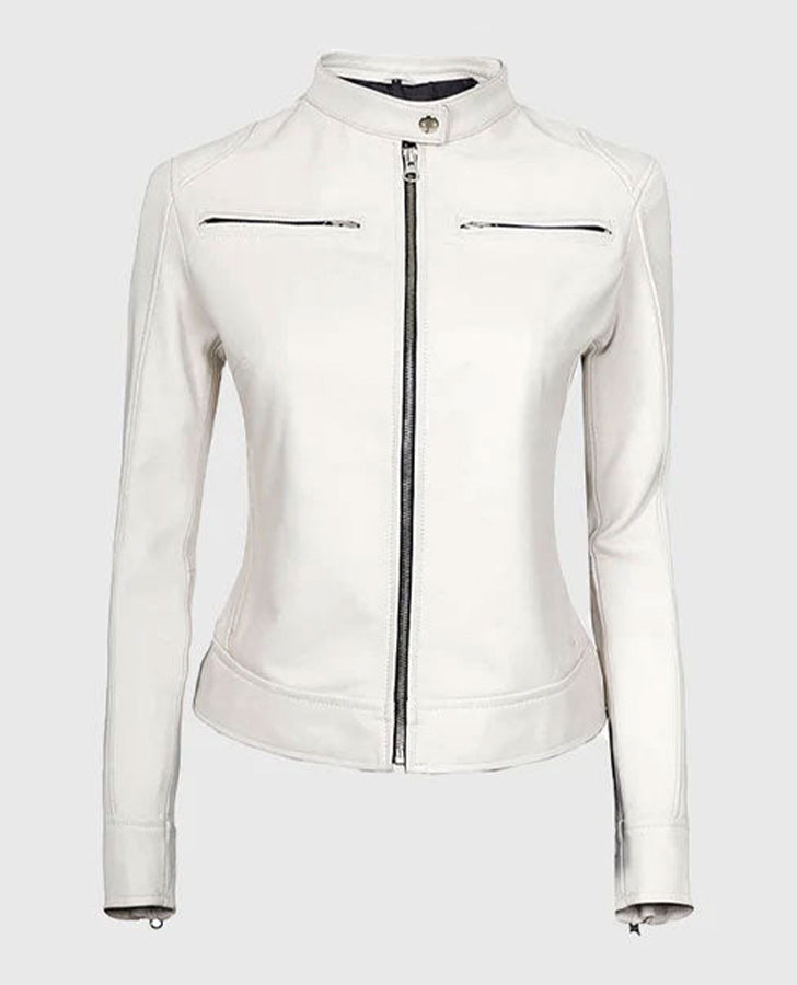 Women's White Leather Cafe Racer Jacket – Premium Outerwear - front view