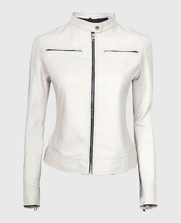 Women's White Leather Cafe Racer Jacket – Premium Outerwear - front view